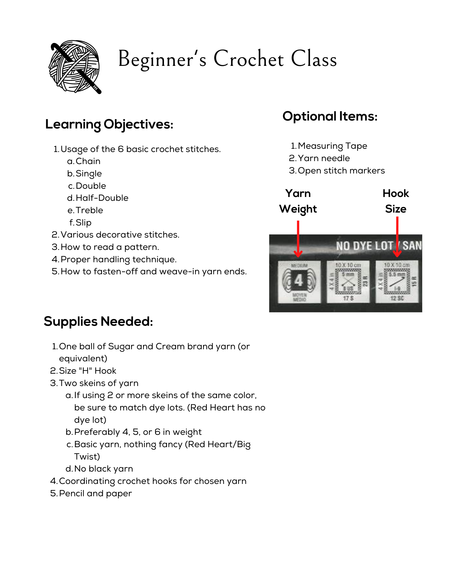 Crochet Objectives & Supply List